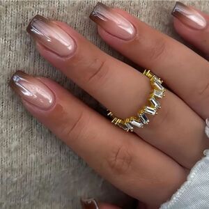 24pcs Square Press On Nails Medium White, Brown French Fake Nails